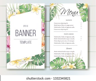 Vector delicate template with hibiscus and plumeria flowers and palm leaves for wedding, marriage, bridal, birthday, Valentine's day. Floral border with sketch colorful blossoms. 