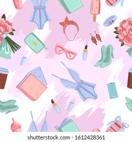 Vector delicate texture with lingerie, peonies, glasses, lipstick, hills, macarons with pink brushstroke. Fashion seamless pattern for wallpapers, prints, linen, apparel, wrapping paper.