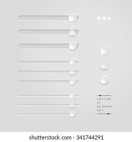 vector delicate UI elements, sliders, volume controls / for websites, blogs or applications / square + triangle + circle / on grey white background