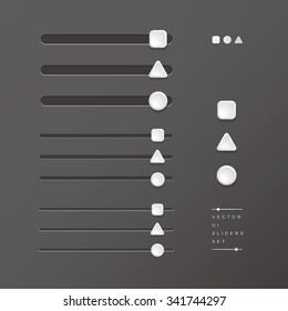 vector delicate UI elements, sliders, volume controls / for websites, blogs or applications / square + triangle + circle / on iron grey background