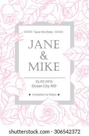 Vector delicate wedding invitation card template with line rose flowers and leaves