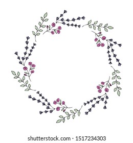 Vector delicate wreath of lavender flowers, pink flowers and green leaves in doodle style on a white background. Doodling. Hand drawing.