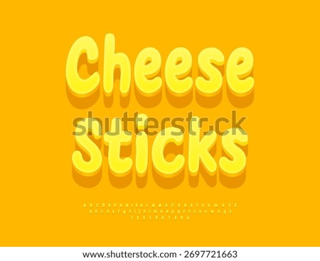Vector Delicatessen emblem Cheese Sticks. Tasty Yellow Font. Artistic set of Rounded Alphabet Letters and Numbers