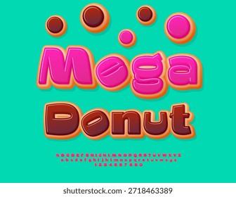 Vector Delicatessen pegatina Mega Donut para Café y Tienda. Fuente esmaltada rosa. Dulce conjunto de letras y números del alfabeto sabroso.