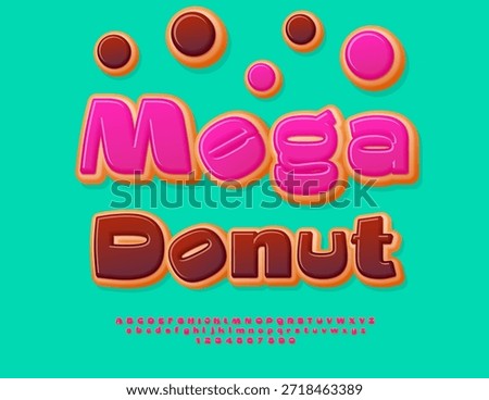 Vector Delicatessen sticker Mega Donut for Cafe and Shop. Pink Glazed Font. Sweet set of Tasty Alphabet Letters and Numbers.