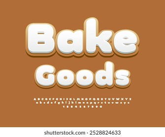 Vector delicioso anuncio de productos horneados. Sabrosa fuente de galletas. Conjunto de letras y números del alfabeto esmaltado de azúcar.