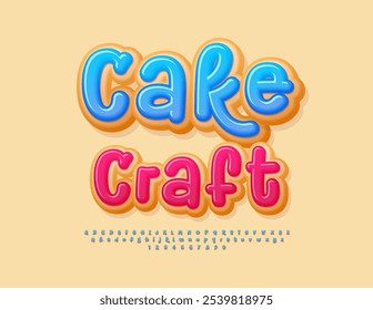 Vector delicioso anuncio Cake Craft. Fuente de Dulce Donut. Conjunto de letras y números de alfabeto digital sabroso.