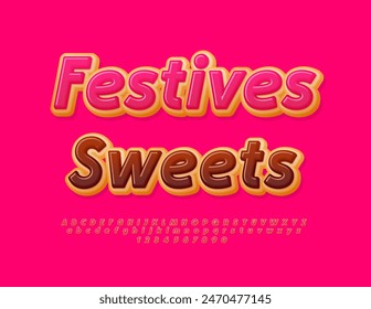 Vector delicious advertisement Festive Sweets. Tasty Cake Font. Donut style Alphabet Letters and Numbers set.