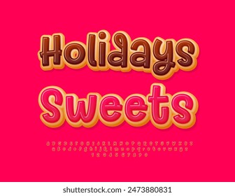 Vector Deliciosos Días festivos publicitarios Dulces. Fuente del estilo de la torta para el café, mercado, tienda. Conjunto de letras y números del alfabeto de donut dulce.