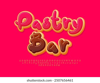 Vector delicious advertisement Pastry Bar. Tasty Cake style Font. Sweet Alphabet Letters and Numbers set.