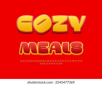 Vector delicious advertising Cozy Meals. Red and Yellow Cool Font. Bright set of Stylish Alphabet Letters and Numbers