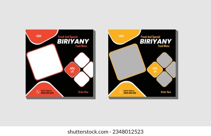 Vector delicious Asian food chicken biryani,  social media banner post template design,