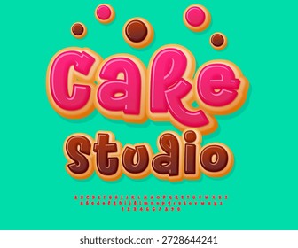 Vector Delicious Badge Cake Studio. Lustige süße Donut-Schriftart. Geschmackvolle handgeschriebene Buchstaben und Zahlen Satz
