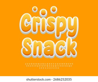 Vector Deliciosa insignia Bocadillo crujiente. Linda fuente 3D amarilla. Conjunto de letras y números de alfabeto redondeado.