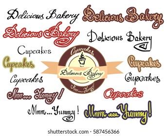 Vector of delicious bakery, cupcakes, yummy lettering set. Hand drawn illustration of cake and design logo for delicious bakery