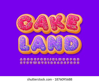 Vektor leckeres Banner Cake Land. Geschmackvolle Schriftart mit Zuckersprinklen. Alphabet-Buchstaben und -Zahlen ablegen