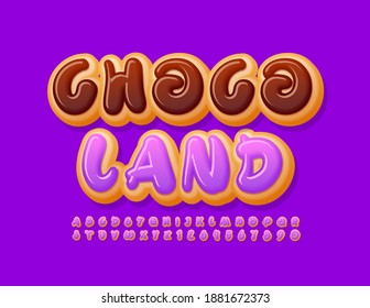 Vector Delicious Banner Choco Land. Artistic Sweet Font. Tasty Cake Alphabet Letters And Numbers Set