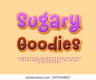 Vector Delicious banner Sugary Goodies. Funny Sweet Font. Cake style Alphabet Letters and Numbers set.