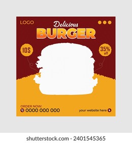 Vector delicious burger and instagram promotional food social media banner post design