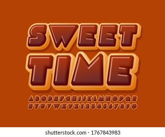 Vector delicious card Sweet Time with Chocolate Donut Cake. Tasty cake Alphabet Letters and Numbers