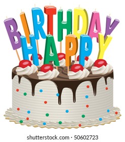 vector delicious chocolate cake with cherries, cream and birthday candles