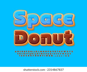Vector delicious concept Space Donut. Chocolate glazed Font. Sweet set of Alphabet Letters, Numbers and Symbols