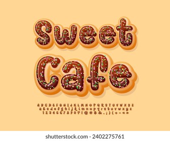 Vector delicious concept Sweet Cafe. Funny Cake Font. Sweet Donut Alphabet Letters and Numbers