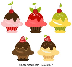 Vector Delicious Cupcakes Set