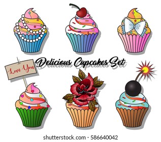 Vector Delicious Cupcakes Set 