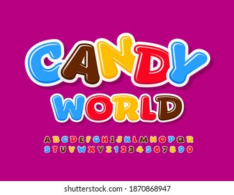 Vector delicious emblem Candy World. Creative colorful Font. Bright Alphabet Letters and Numbers set