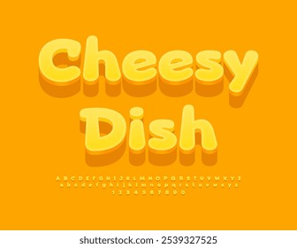 Vetor delicioso emblema prato Cheesy. Fonte amarela criativa. Letras e números de alfabeto 3D bonitos definidos.
