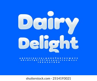 Vetor delicioso emblema Dairy Delight. Fonte Branca Bonita. Letras e Números de Alfabeto Brilhantes definidos. 