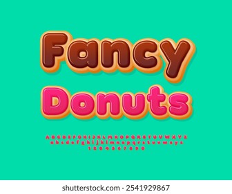 Vector delicioso emblema Fancy Donuts. Fuente de pastel dulce. Conjunto de letras y números de alfabeto digital sabroso.