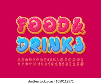 Vector delicious emblem Food & Drink. Pink Glazed Font. Artistic Donut Alphabet Letters and Numbers set