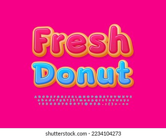 Vector delicious emblem Fresh Donut with creative Font. Abstract style Alphabet Letters and Numbers set