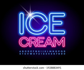 Vector delicious Emblem Ice Cream. Neon glowing Alphabet Letters and Numbers set. Bright Electric Font. 