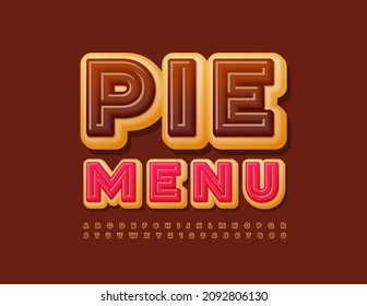 Vector delicious Emblem Pie Menu.  Sweet Alphabet Letters and Numbers set. Choco Glazed Donut Font.