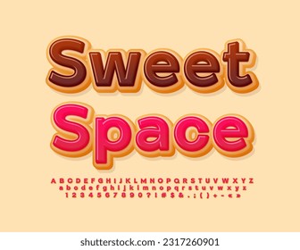 Vektor leckeres Emblem Sweet Space. Rosa verglasete Alphabet-Buchstaben, Zahlen und Symbole gesetzt. Schriftart im Donut-Stil
