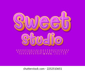 Vector delicious Emblem Sweet Studio with donut Font. Funny handwritten Alphabet Letters and Numbers set