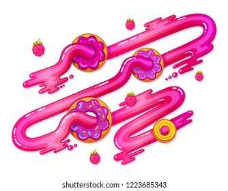Vector delicious glazed donuts with a topping of cream filling with slices of raspberries on white background