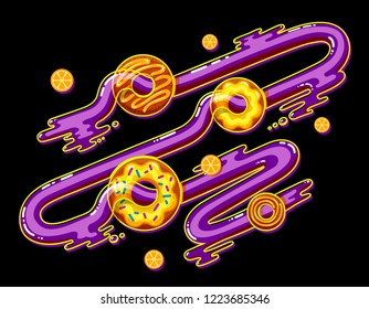 Vector delicious glazed donuts with a topping of cream filling with slices of orange on black background