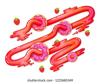 Vector delicious glazed donuts with a topping of cream filling with slices of strawberry on white background
