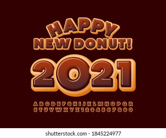 Vector deliciosa tarjeta de saludo Feliz Nuevo Donut 2021! Fuente de postre de Choco. Juego de letras y números de alfabeto de pastel dulce