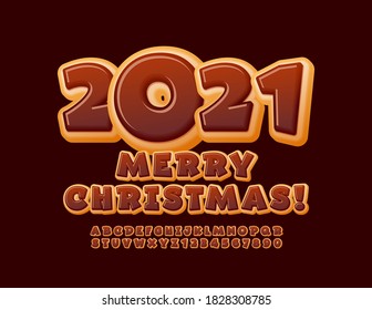 Vector delicious greeting card Merry Christmas 2021! Chocolate cake Font. Donut Alphabet Letters and Numbers for Children