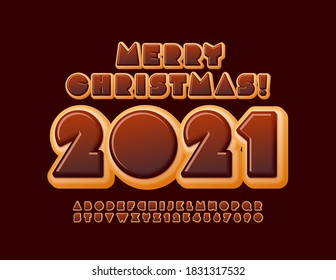 Vector delicious greeting card Merry Christmas 2021! Chocolate glazed Font. Sweet Donut Alphabet Letters and Numbers set