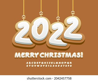 Vector delicious Greeting Card Merry Christmas 2022 with Decorative Toys. Cookie Alphabet Letters and Numbers set. Artistic gingerbread Font