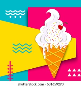 Vector Delicious Ice Cream In Bright Colors. Summer Background, Poster, Banner, Flyer, Party Invitation Template. Creative Paper Art