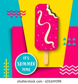 Vector delicious ice cream. Eye catching summer poster design. Bright illustration with ice cream, it's summer time label on the cool retro style background