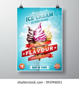 Vector Delicious Ice Cream Flyer Design On Sky Background. Eps 10 Illustration.