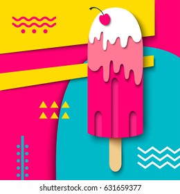 Vector delicious ice cream illustration in bright colors. Eye catching summer background, poster, banner design. Creative paper art 